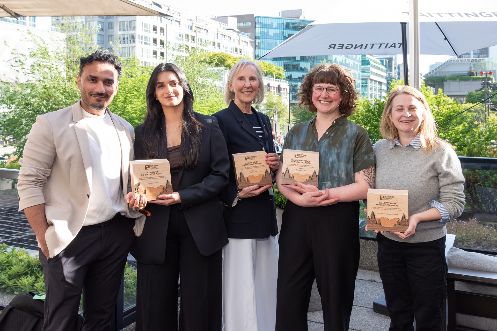 The four winners of the 2026 RCBC Circular Economy Awards Winners, from left to right: Furnish Forward (Asad Nayani & Muskan Momin), Dan Mikolay (Alda Nicmans), Awl Together Leather (Tess Gobeil), and UBC Furniture Reuse Program (Rachael Donovan)